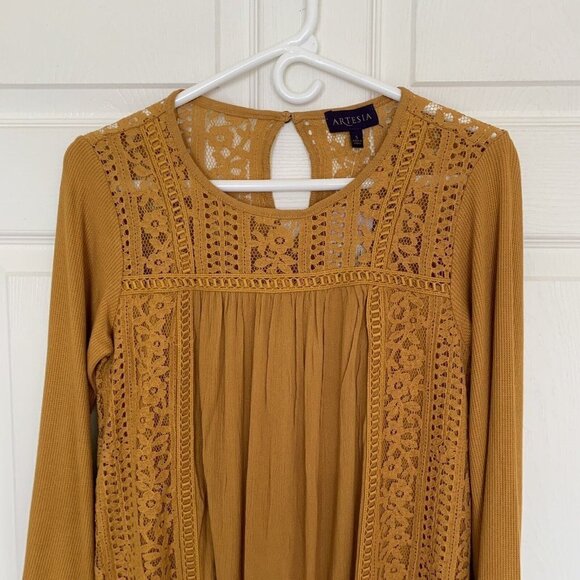 Artesia Women’s Small Mustard Yellow Lace Long Sleeve Top New - Picture 3 of 12